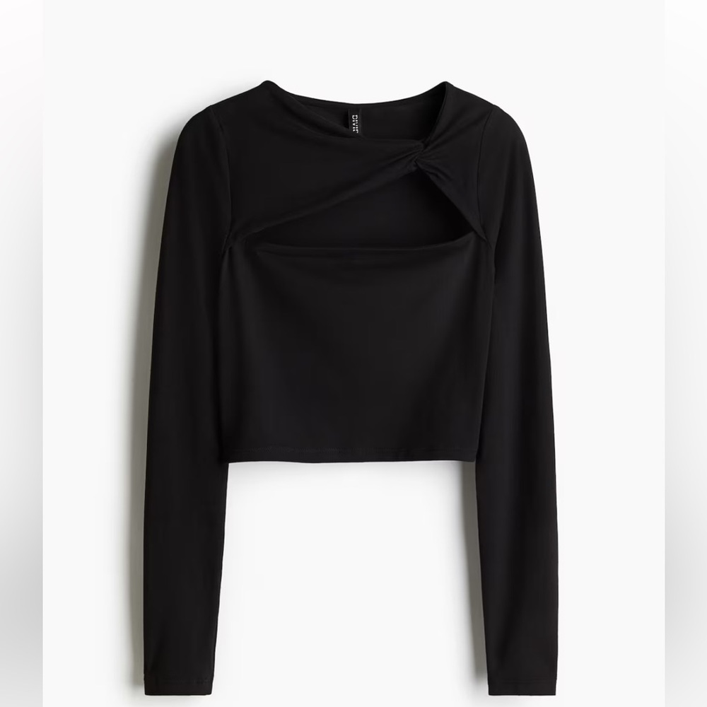 H&M TWIST-DETAIL CROP LONG SLEEVE STRETCH TOP BLACK - Picture 4 of 10